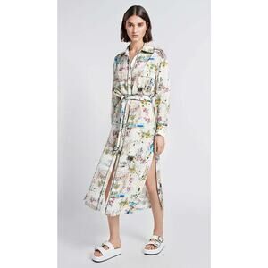 Smythe Shirtdress Cote D'Azur Print Sz Small White Satin Floral Travel Midi Chic